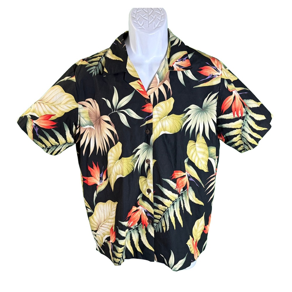 Bishop St. Apparel Button Up Shirt Womens L Black Tropical Bird of Paradise